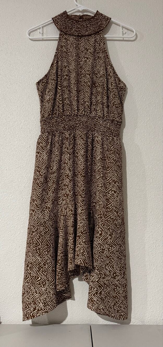 Maurices S Smocked Waist Mock Neck Halter Mini Dress Brown ZigZag Print